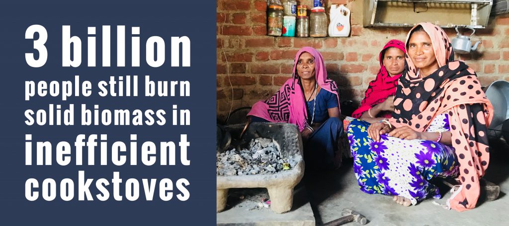 an image of 3 woman sitting near a cookfire with a Geocene SimpleSUM next to text that says '3 billion people still burn solid biomass in inefficient cookstoves'