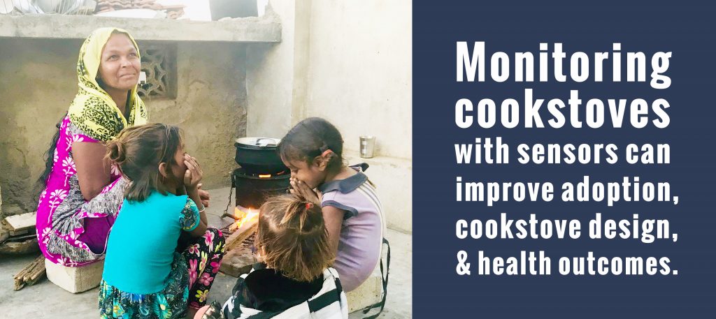 A woman cooking with her family next to a quote that says 'monitoring cookstoves with sensors can improve adoption, cookstove design, & health outcomes.'